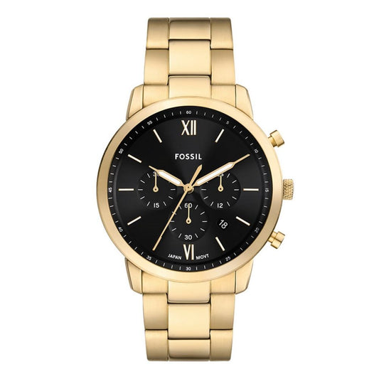 Gold wristwatch with black dial on a white background