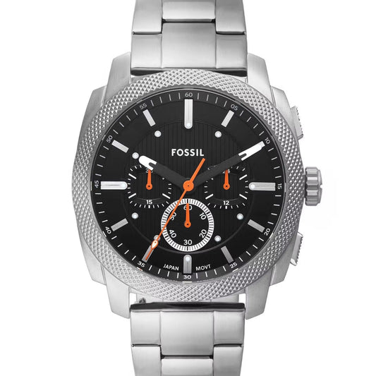 Fossil watch with silver metal band and black dial on a white background