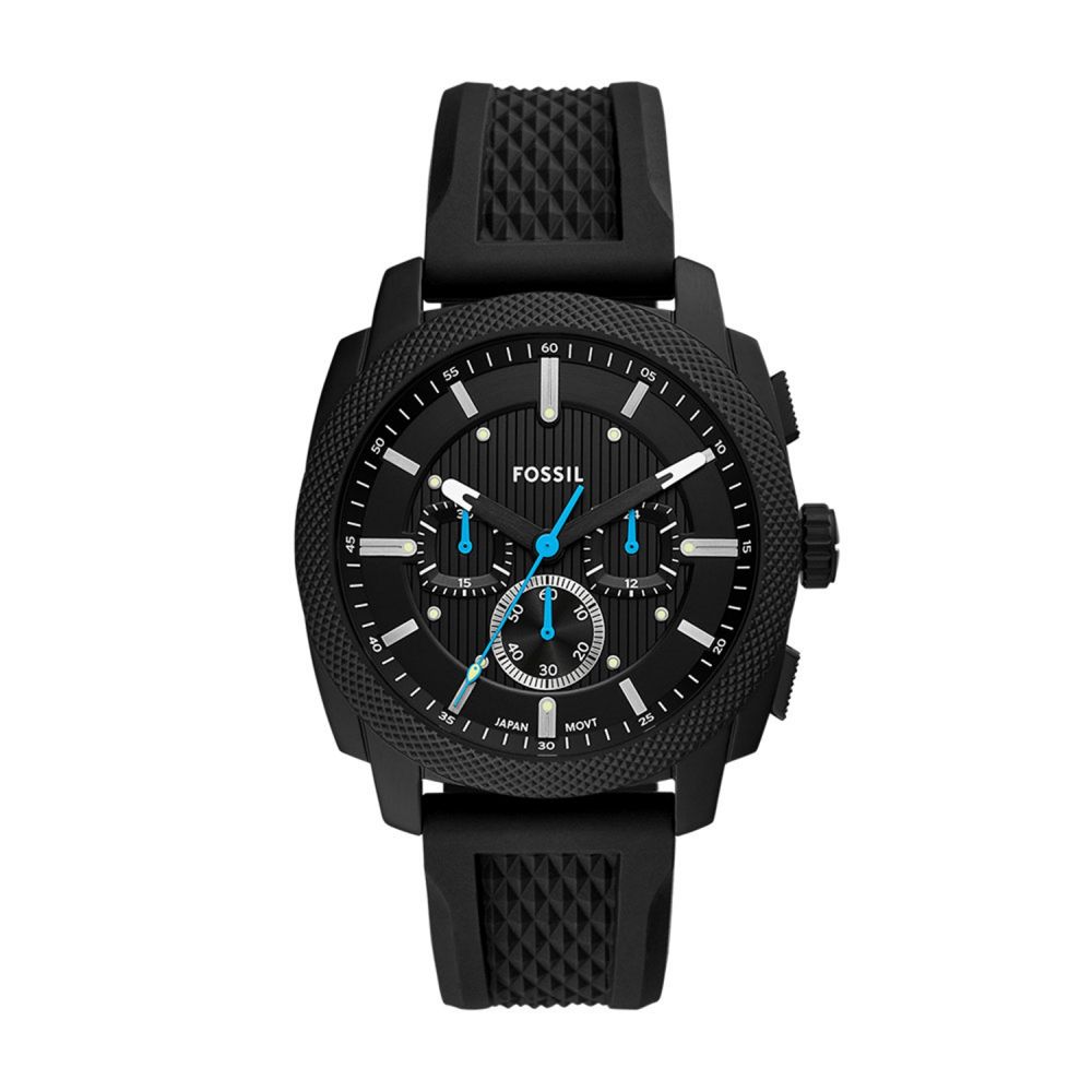 Black Fossil watch with detailed face on a white background