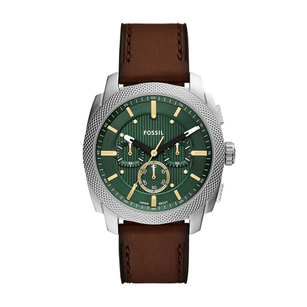 Fossil watch with green face and brown leather strap on white background