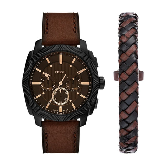 Fossil watch with brown leather strap and detailed face on a white background