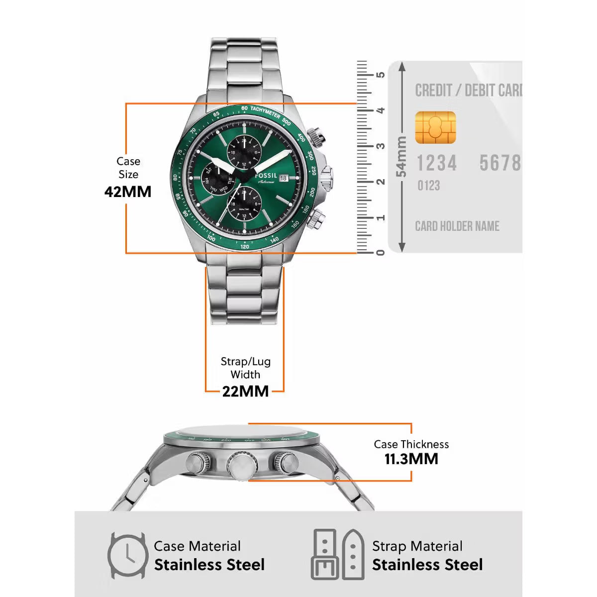 Fossil Autocross Quartz Green Dial Analog Stainless Steel Men's Watch FS6127