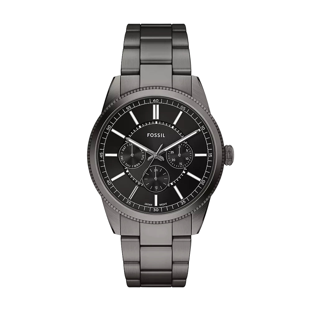 Fossil watch with black dial and gunmetal bracelet on a white background