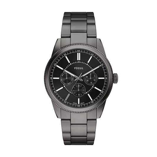 Fossil watch with black dial and gunmetal bracelet on a white background
