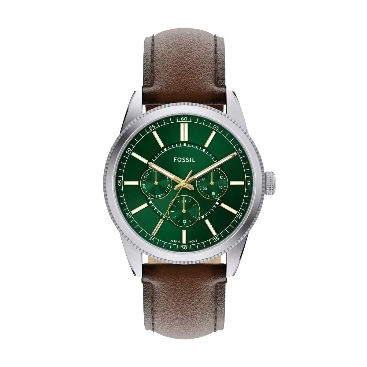 Fossil watch with green dial and brown leather strap on a white background