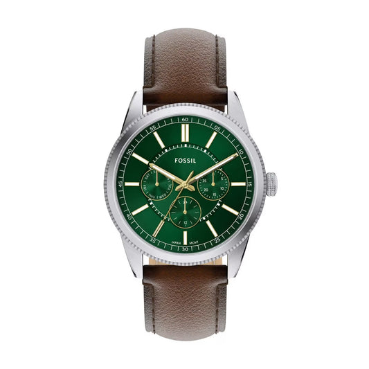 Fossil watch with green dial and brown leather strap on a white background