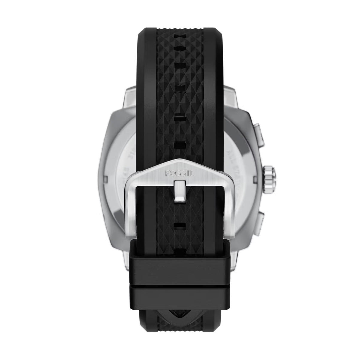 Back view of a watch with a black strap and silver case on a white background