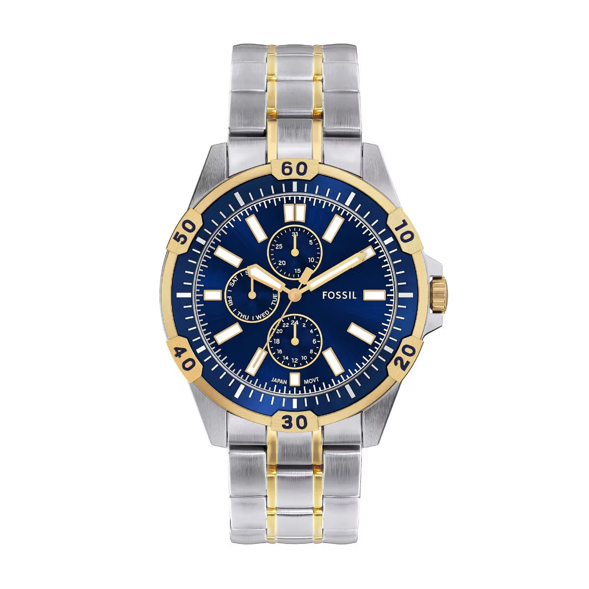 Fossil watch with blue face and silver and gold band on white background
