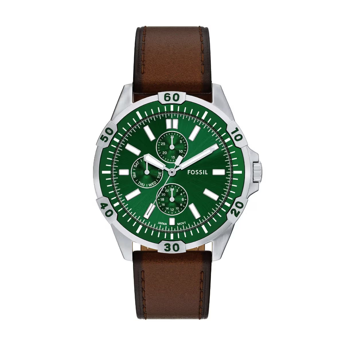 Fossil watch with green dial and brown leather strap on a white background