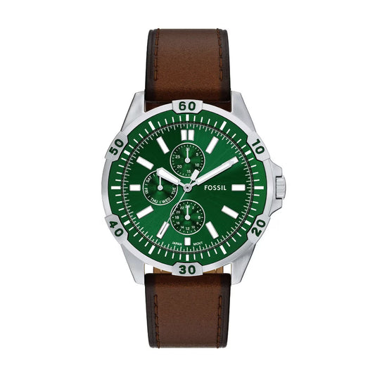 Fossil watch with green dial and brown leather strap on a white background
