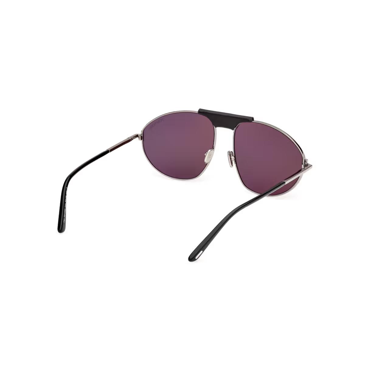 Sunglasses with black frames and purple lenses on a white background