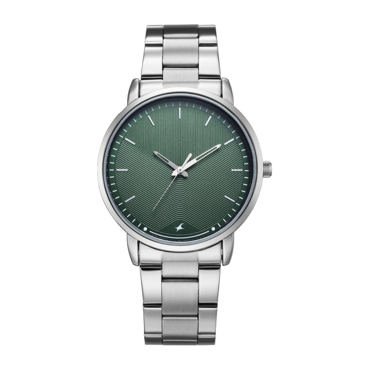 Silver watch with a green face on a white background