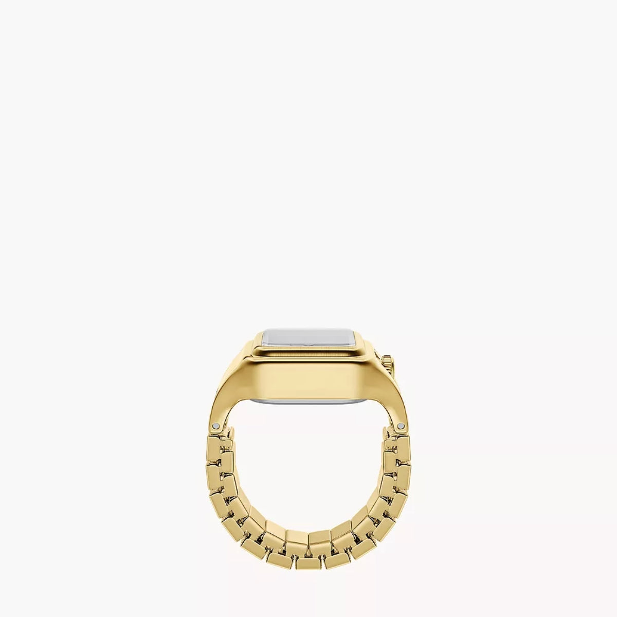 Gold ring with a textured band on a white background