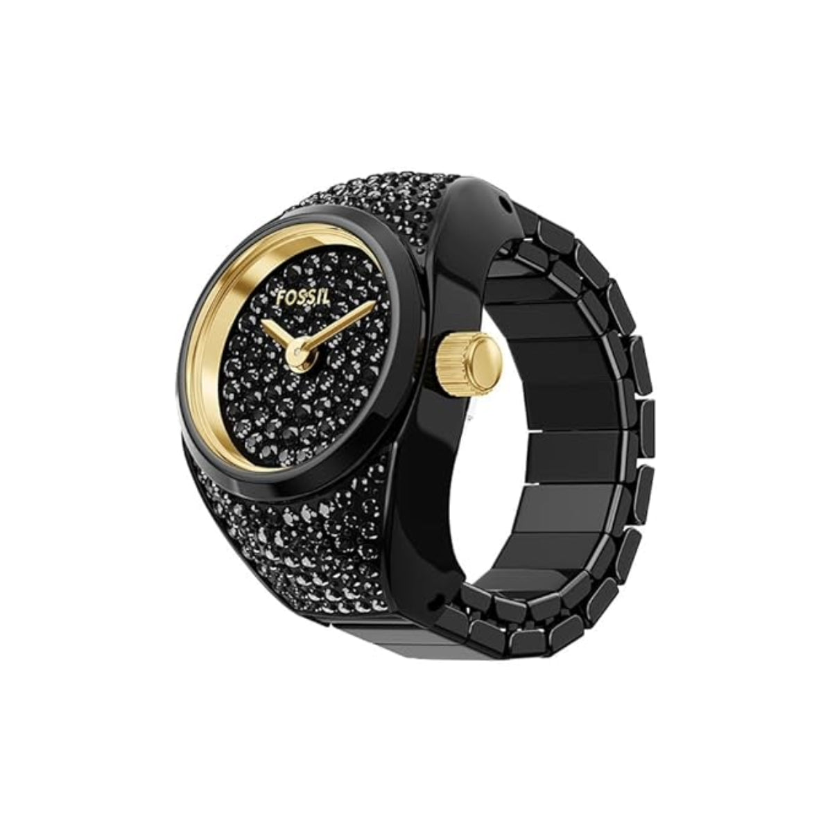 Black and gold Fossil watch with sparkling face on a white background
