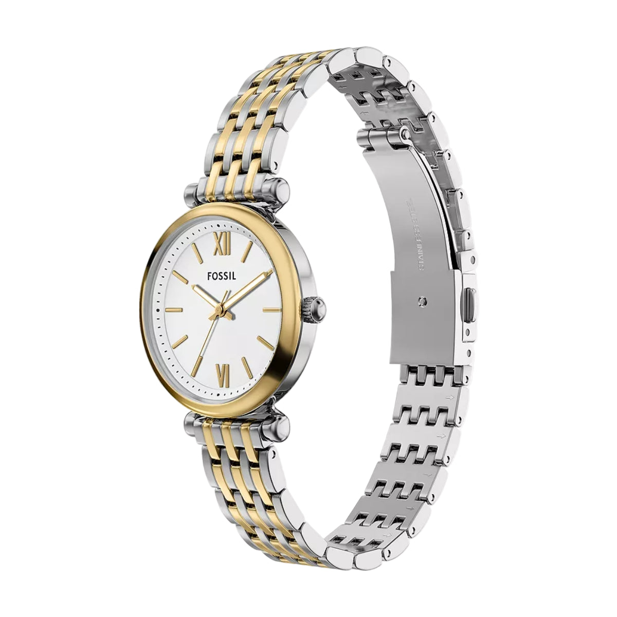 Two-tone Fossil watch with gold and silver band on a white background