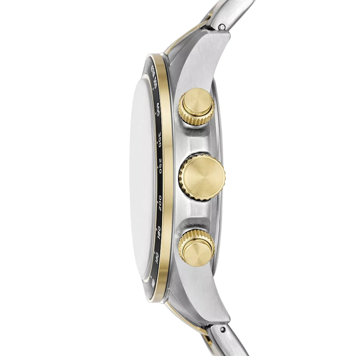 Close-up of a watch with gold and silver accents on a white background