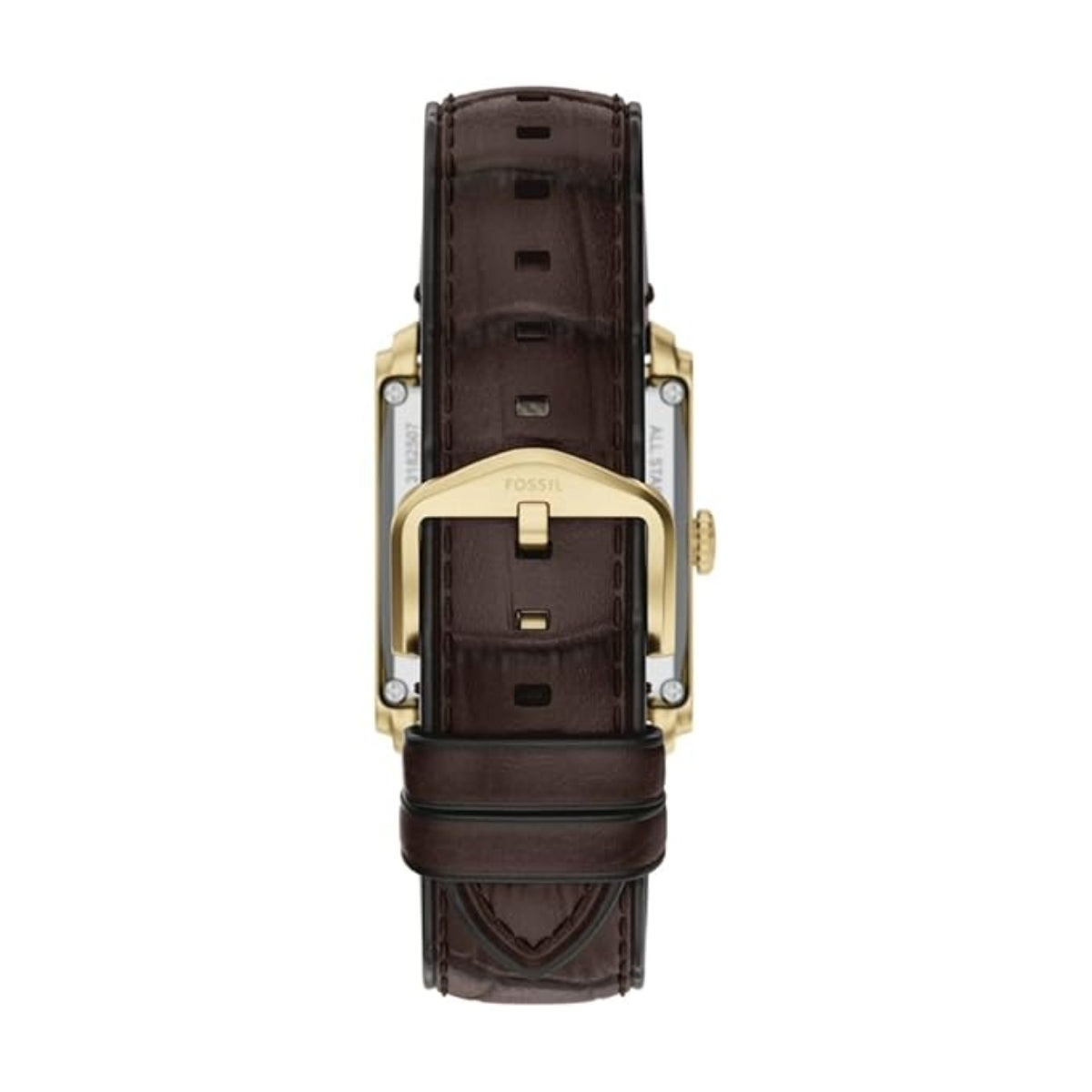 Back view of a watch with brown leather strap and gold casing on a white background