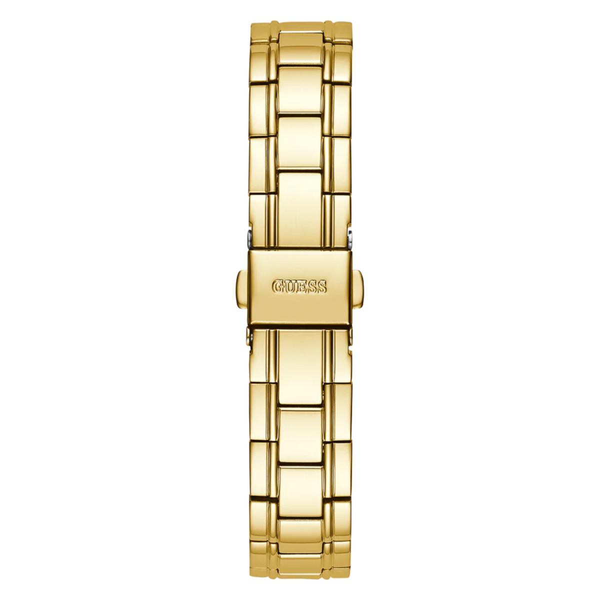 Gold watch band with Guess logo on a white background