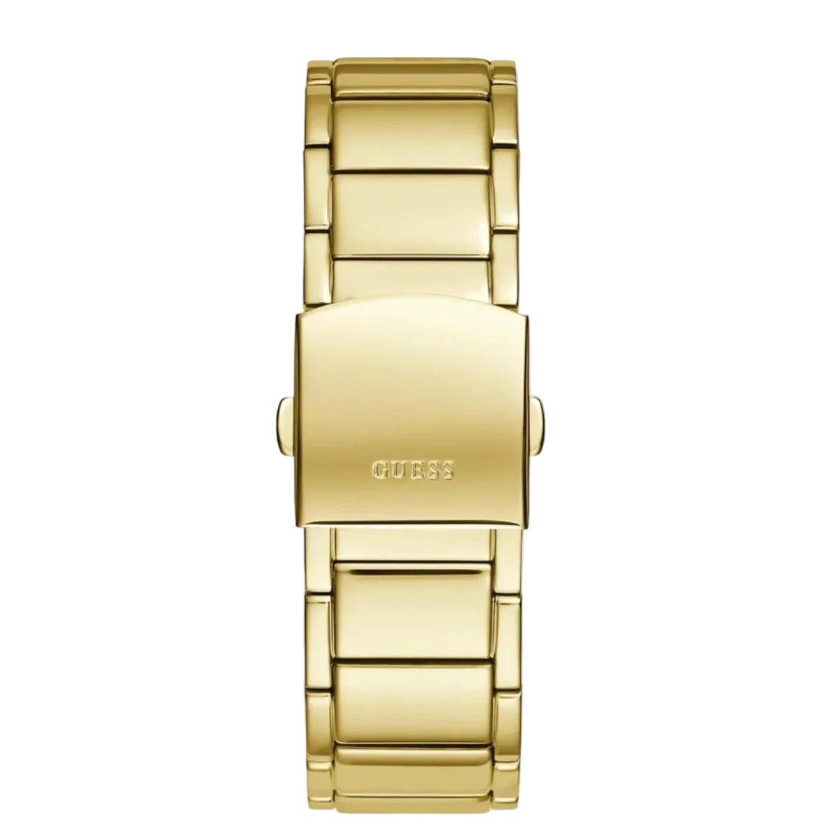 Gold watch with 'GUESS' branding on a light gray background