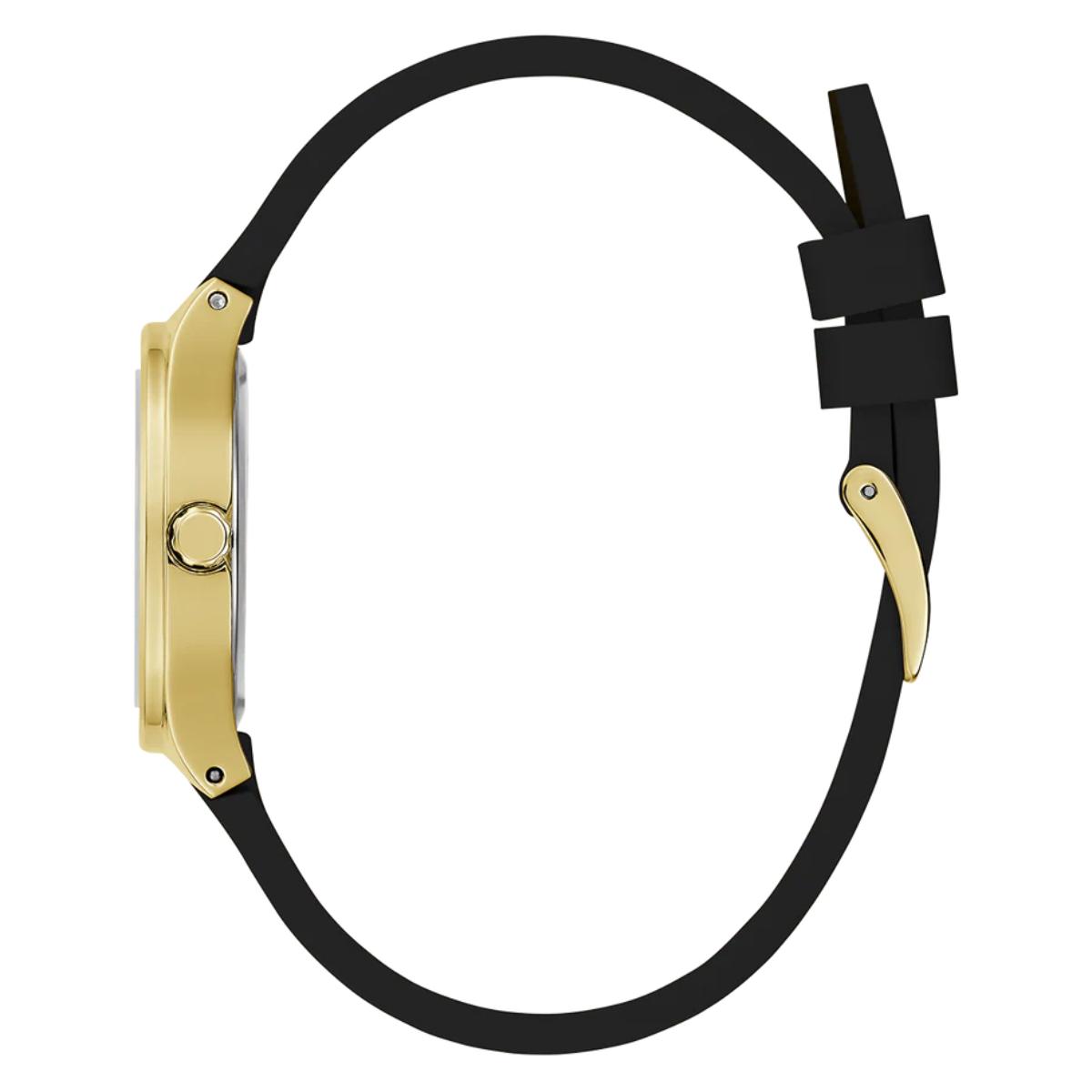 Close-up of a watch with black strap and gold case on a white background