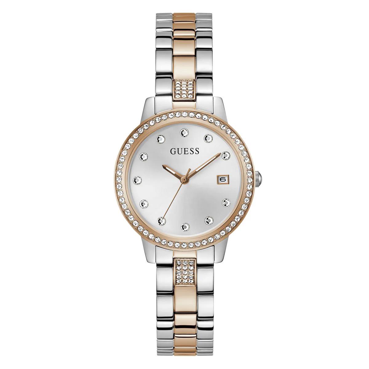 Guess watch with two-tone metal strap on a white background