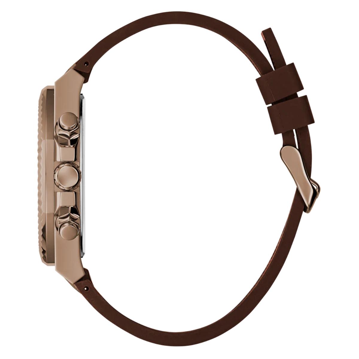 Close-up of a watch with a brown strap on a white background