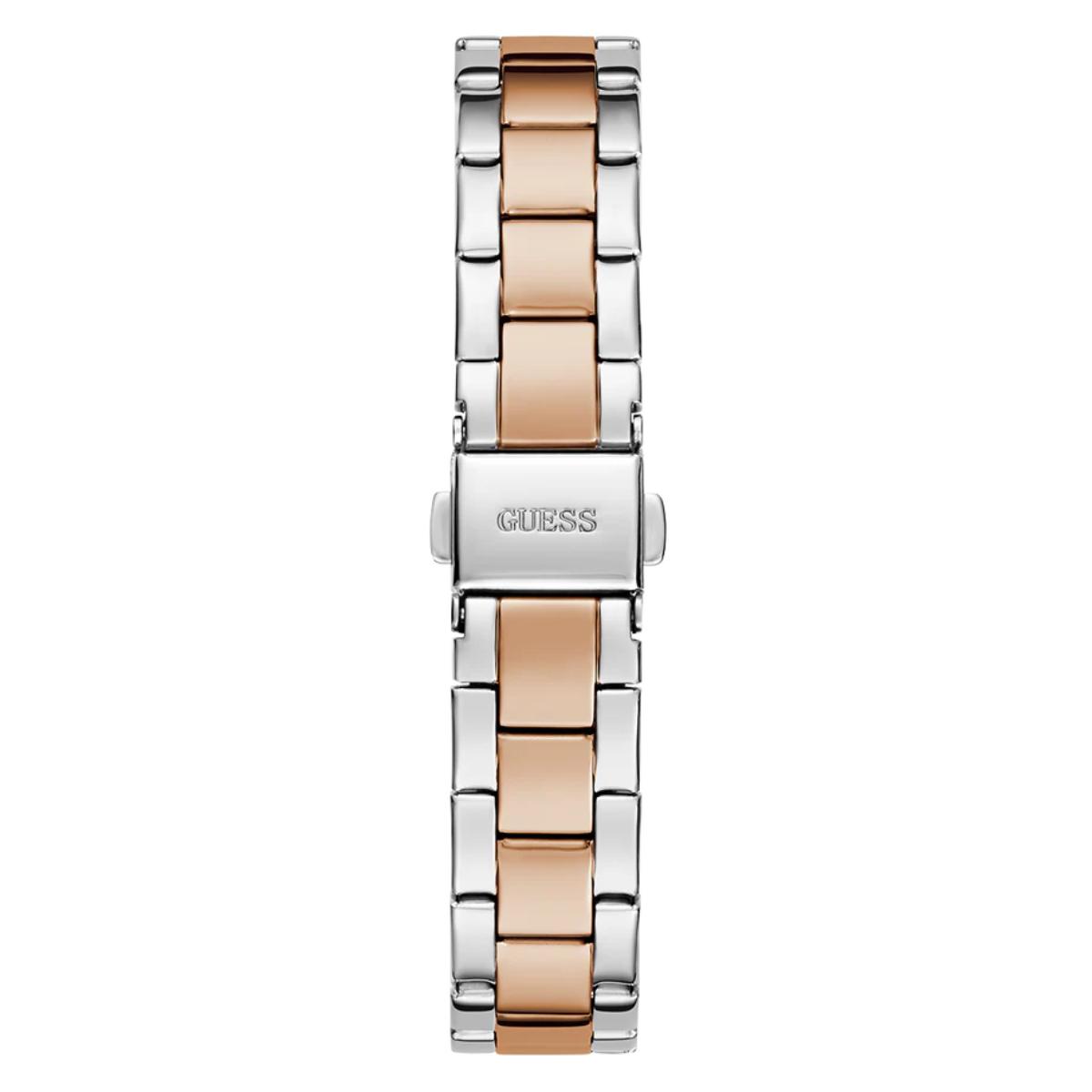 Two-tone watch with silver and rose gold links on a white background
