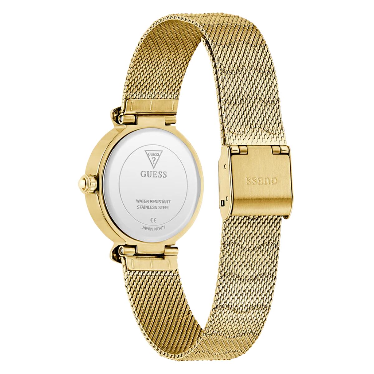Gold watch with mesh band on a white background