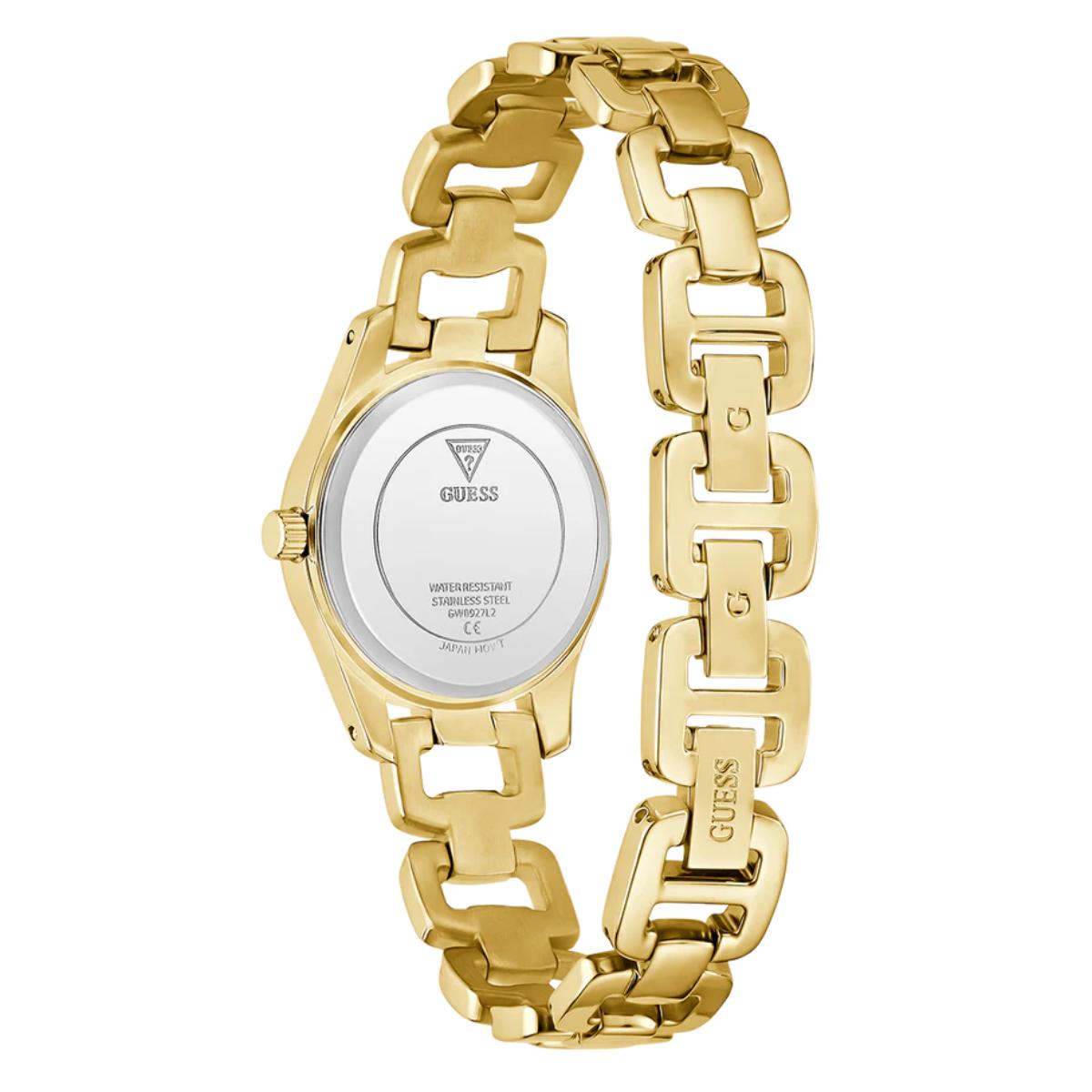 Gold-tone GUESS watch with a chunky link bracelet and a silver-tone circular dial visible on the back, shown against a plain white background.