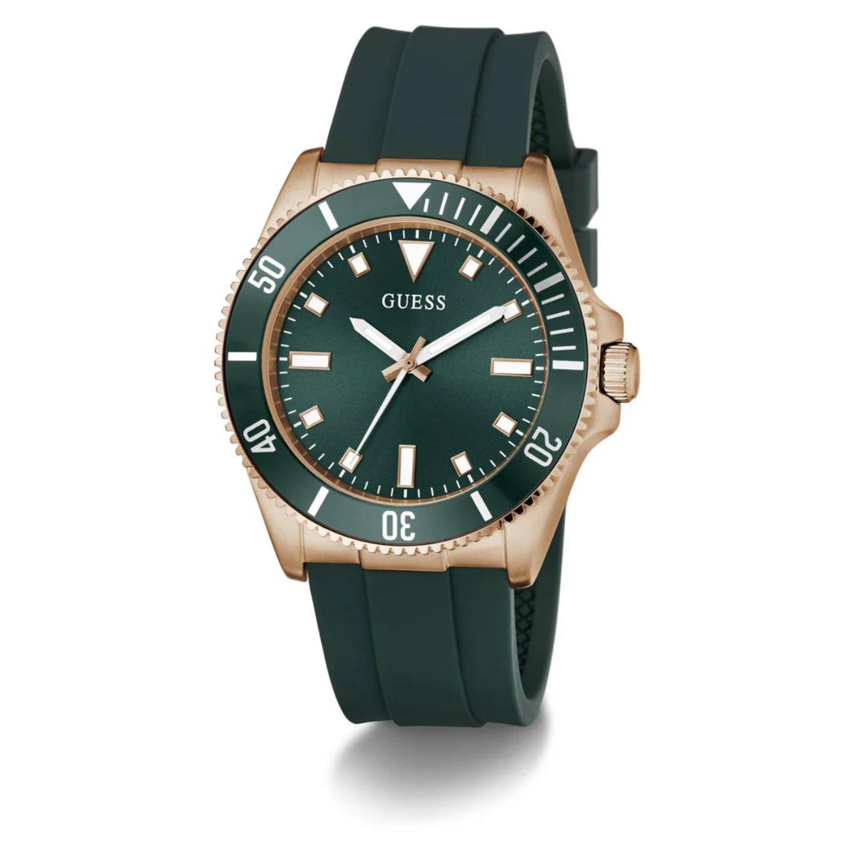 Green watch with rose gold case and green strap on white background