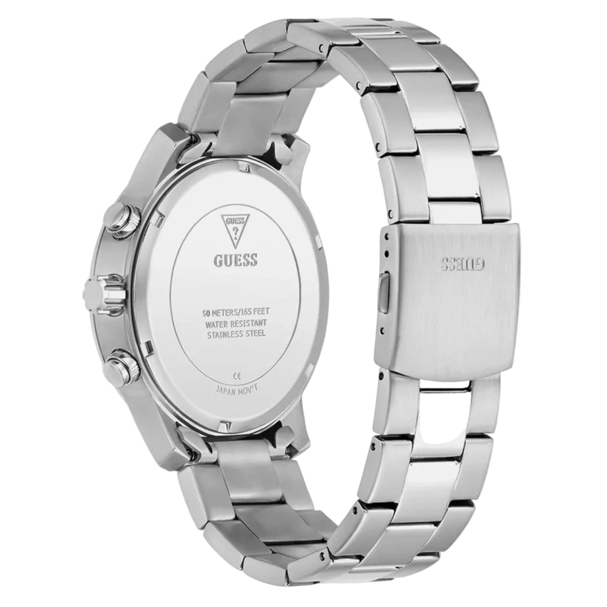 Silver Guess watch with metal band on a white background