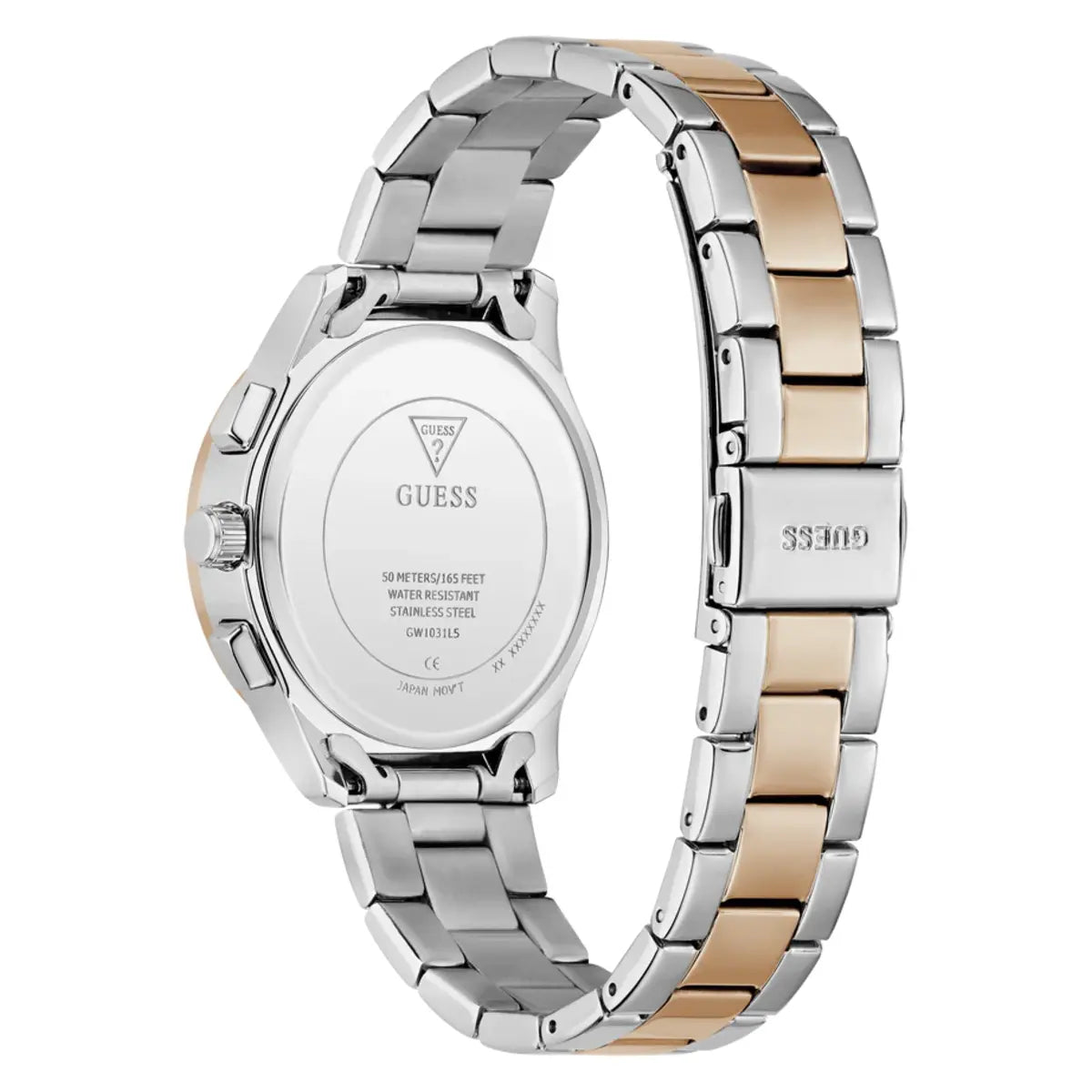 Two-tone silver and rose gold watch with visible brand logo on a white background