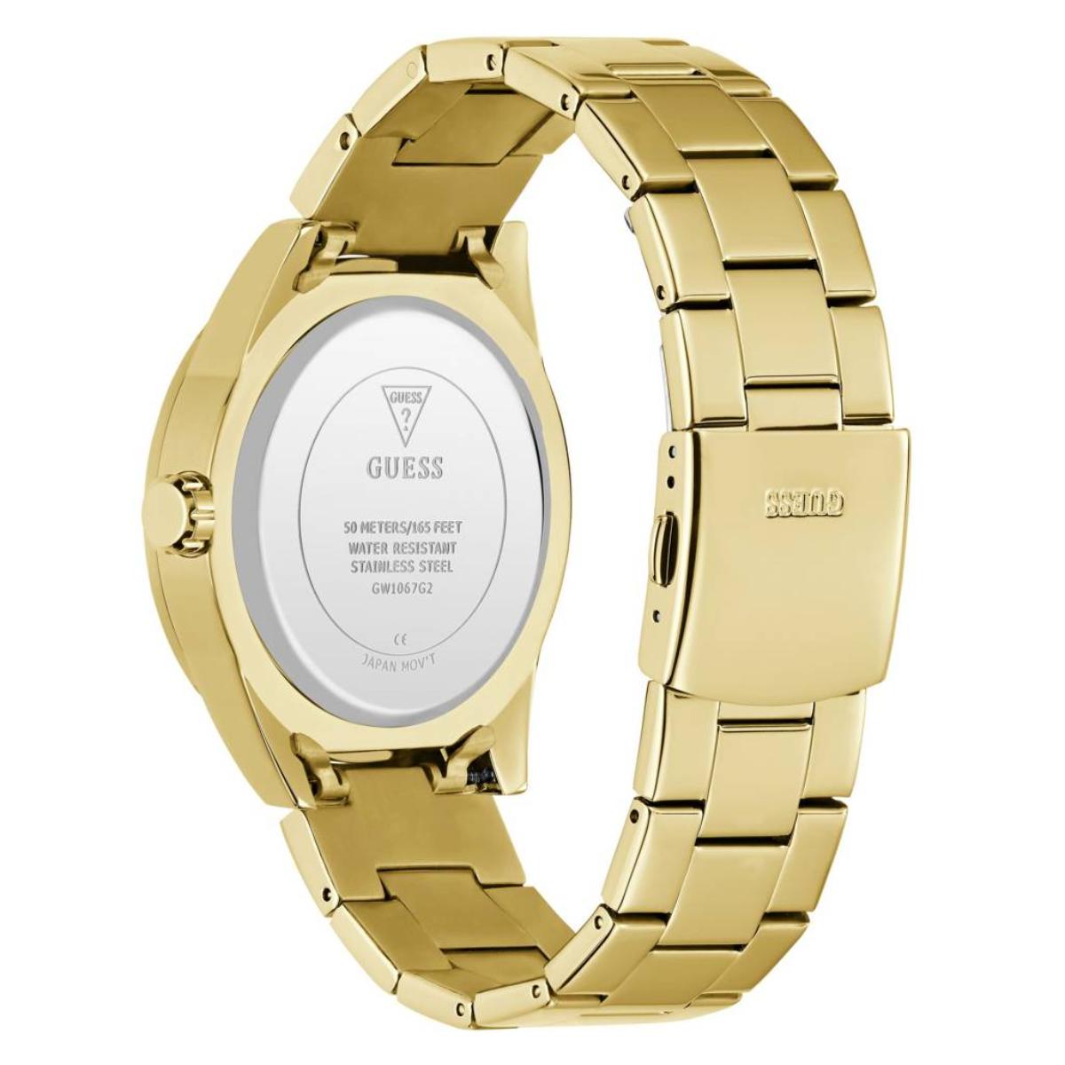 Gold watch with a visible brand logo on a white background