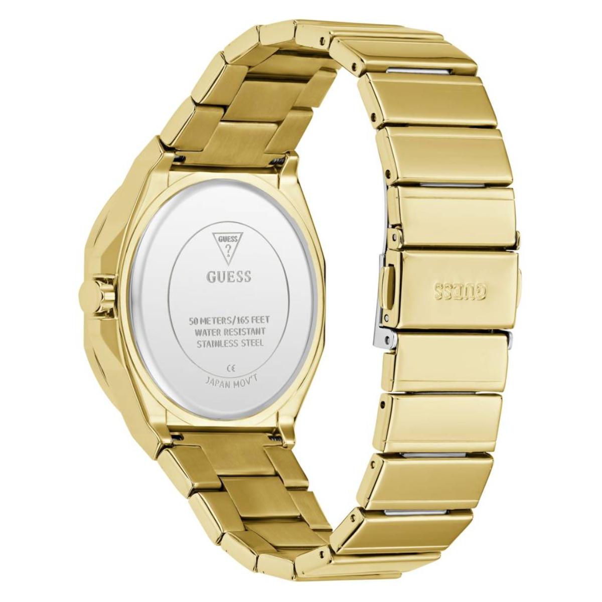 Gold watch with a white face on a white background