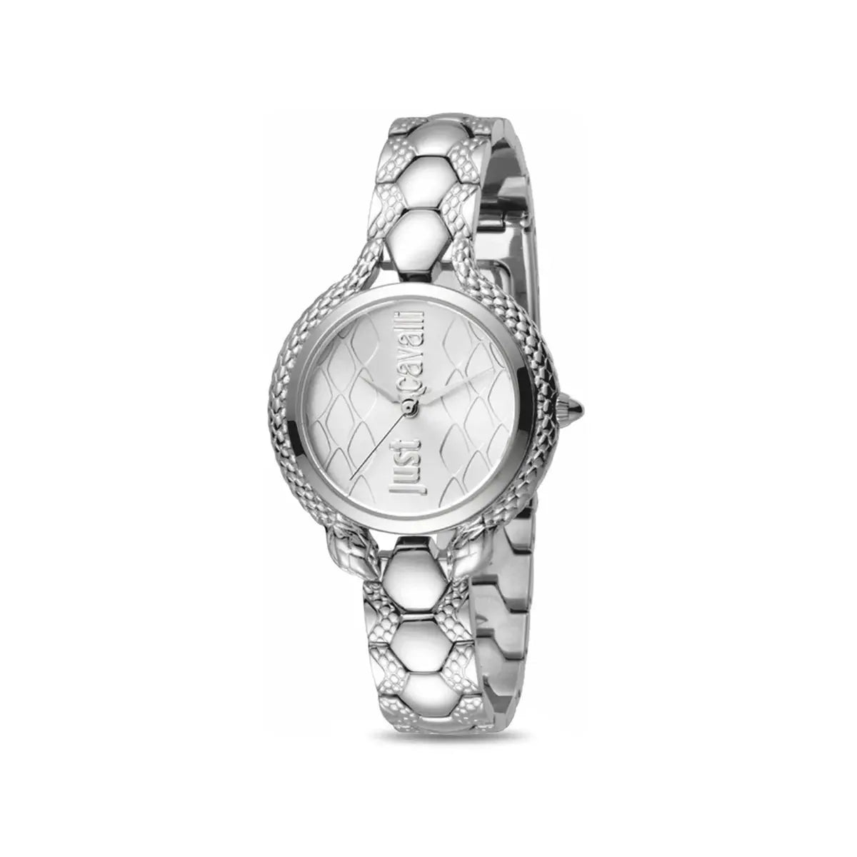 Silver watch with honeycomb pattern on a white background