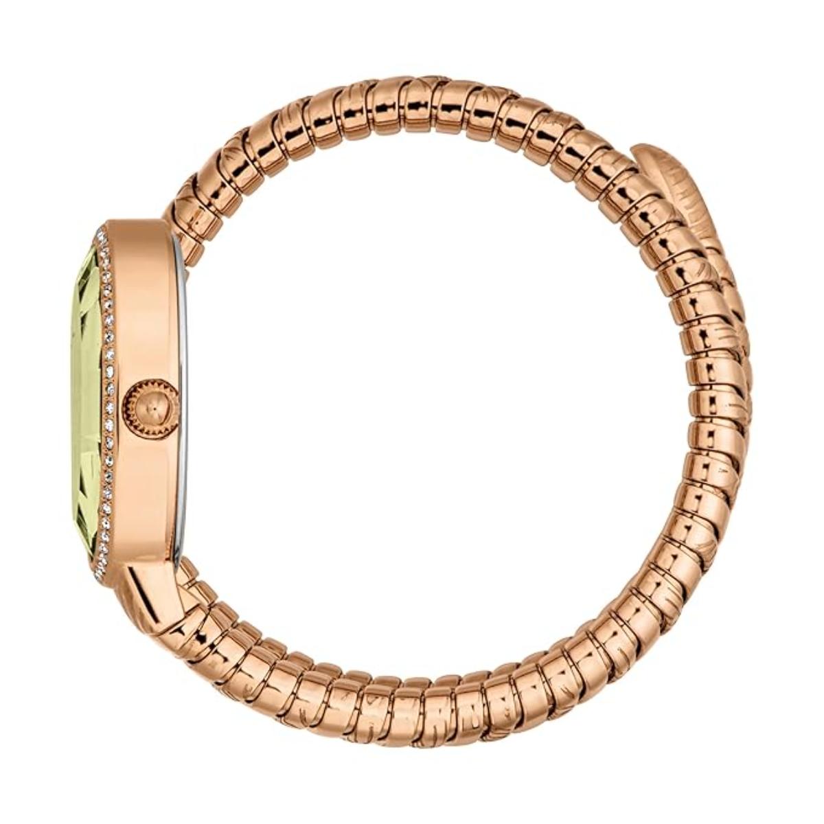 Rose gold ring with a green gemstone on a white background