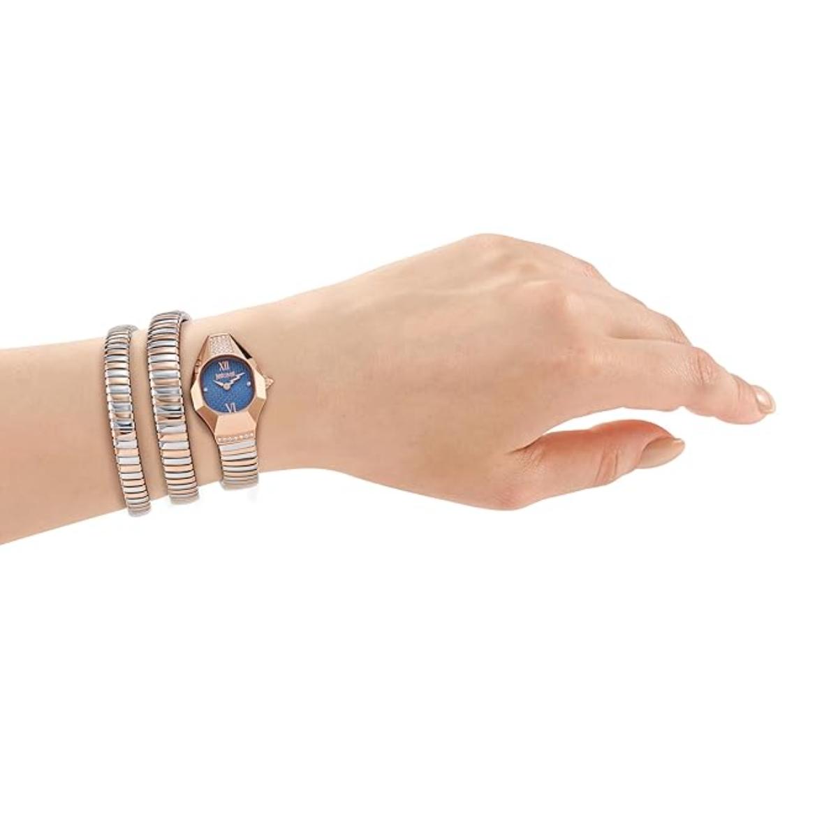 Hand wearing a watch with multiple bracelets on a white background