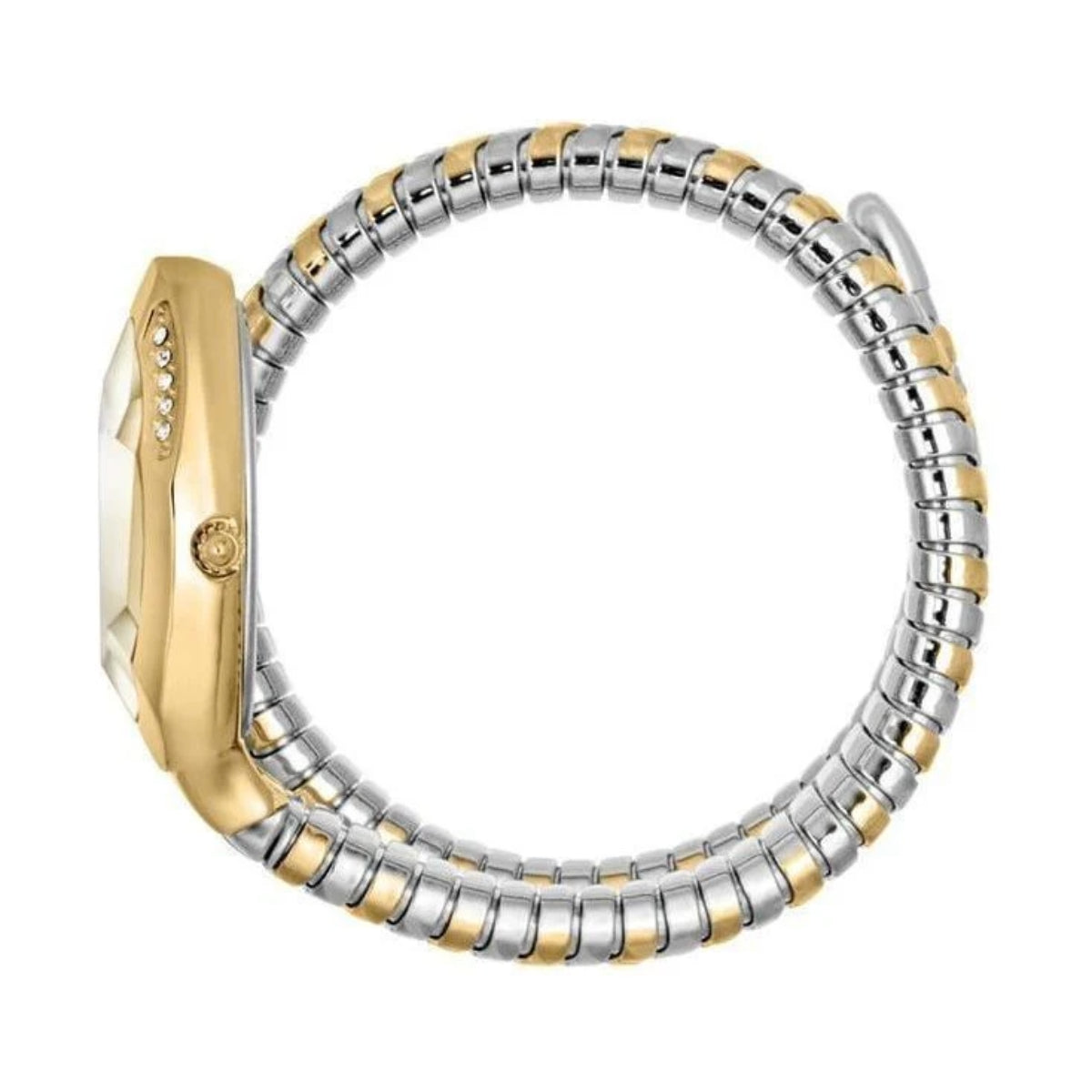 Two-tone gold and silver watch band on a white background