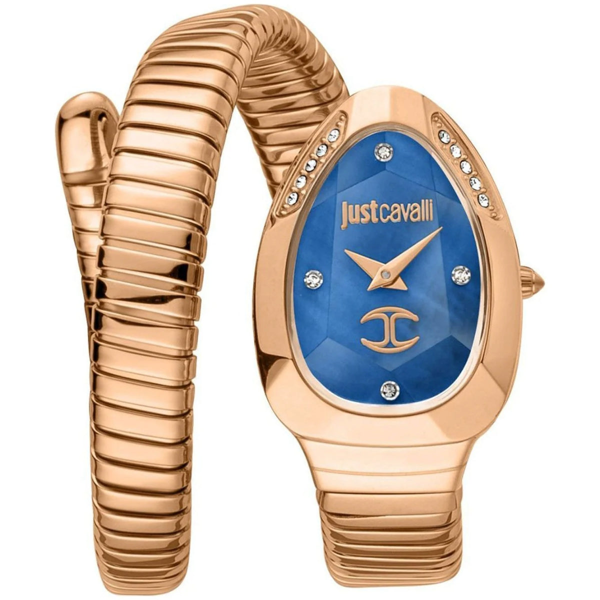 Rose gold watch with blue face and 'Just Cavalli' branding on a white background