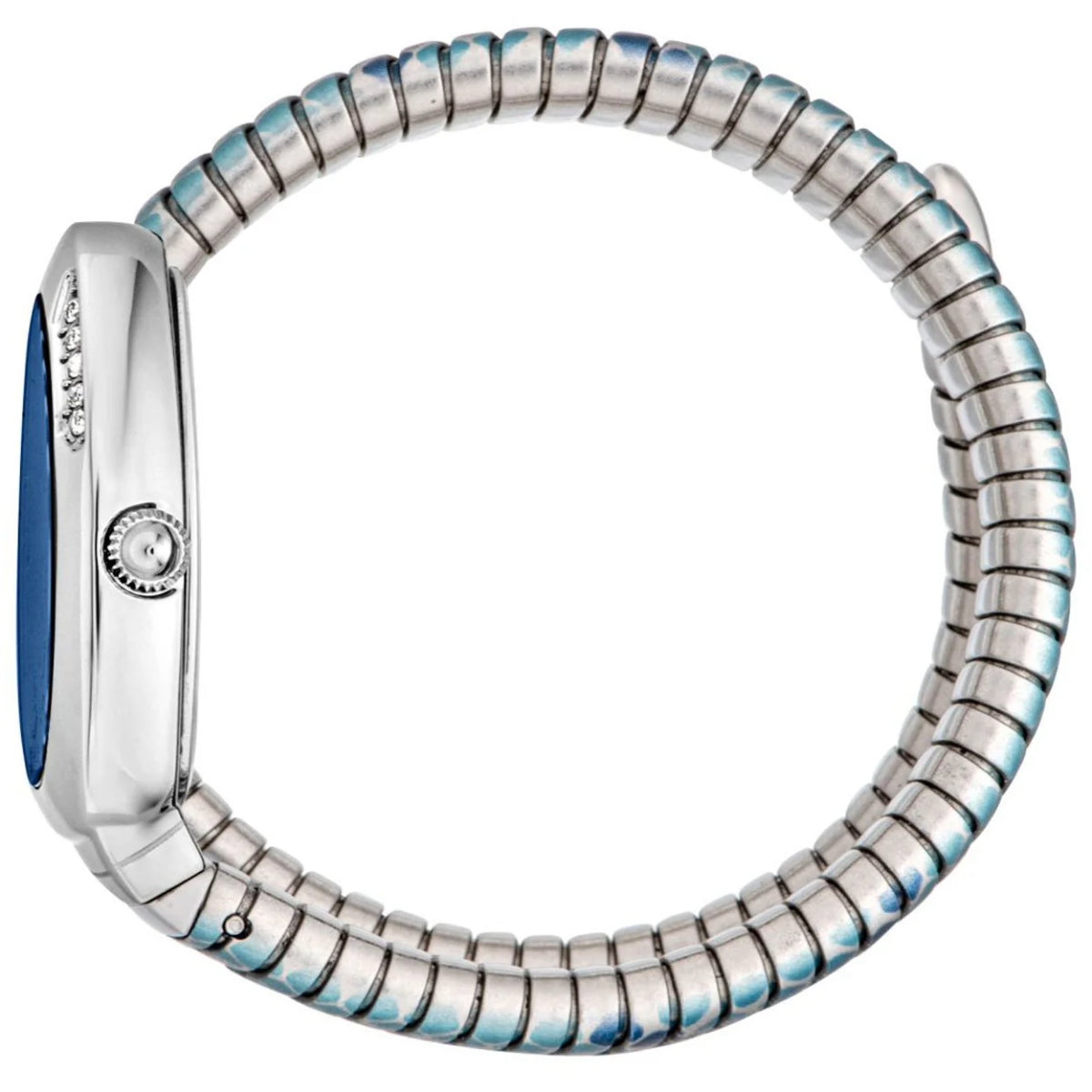 Silver watch with a blue face and snake-like band on a white background