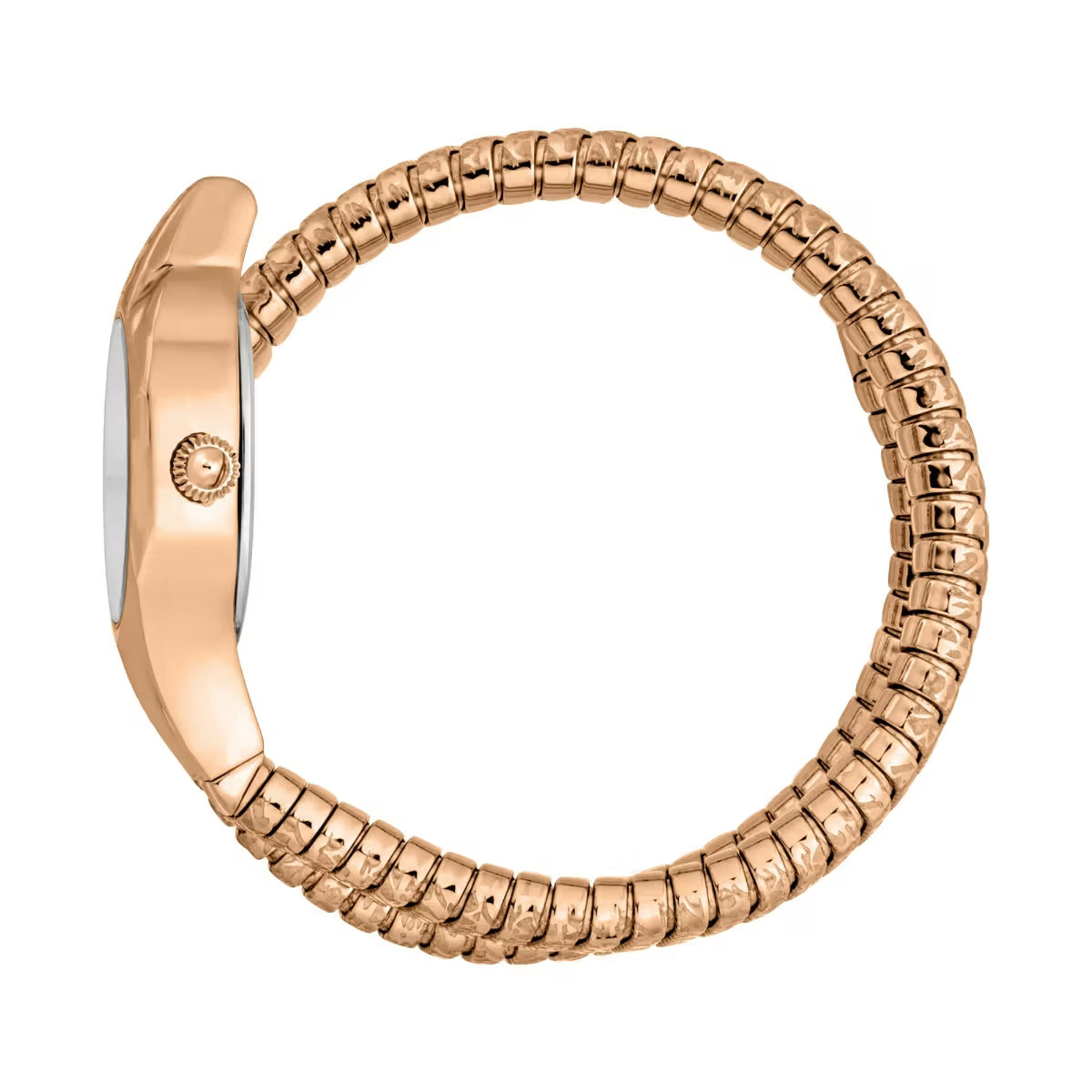 Rose gold watch with a beaded band on a white background