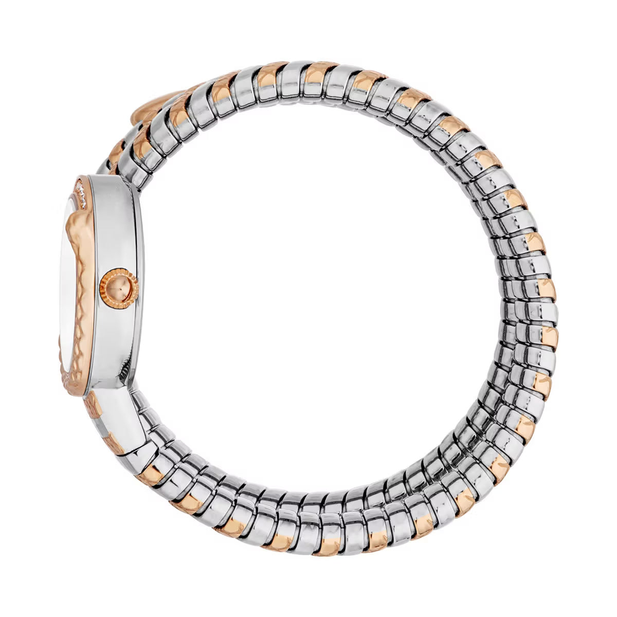 Two-tone watch with silver and rose gold band on a white background
