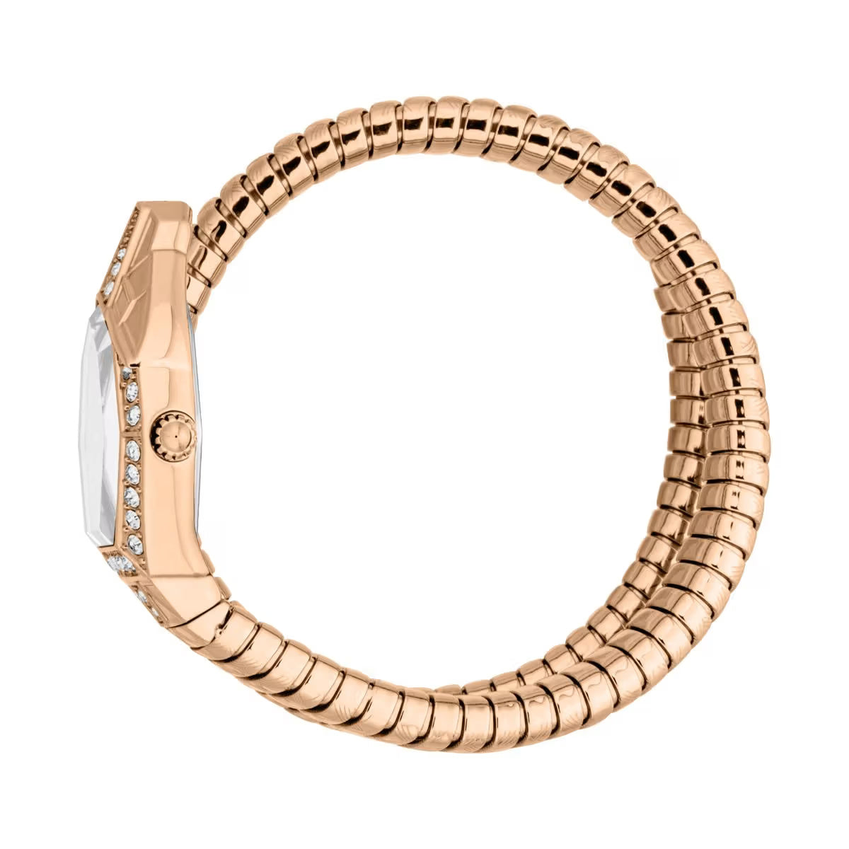 Rose gold watch with a white face on a white background