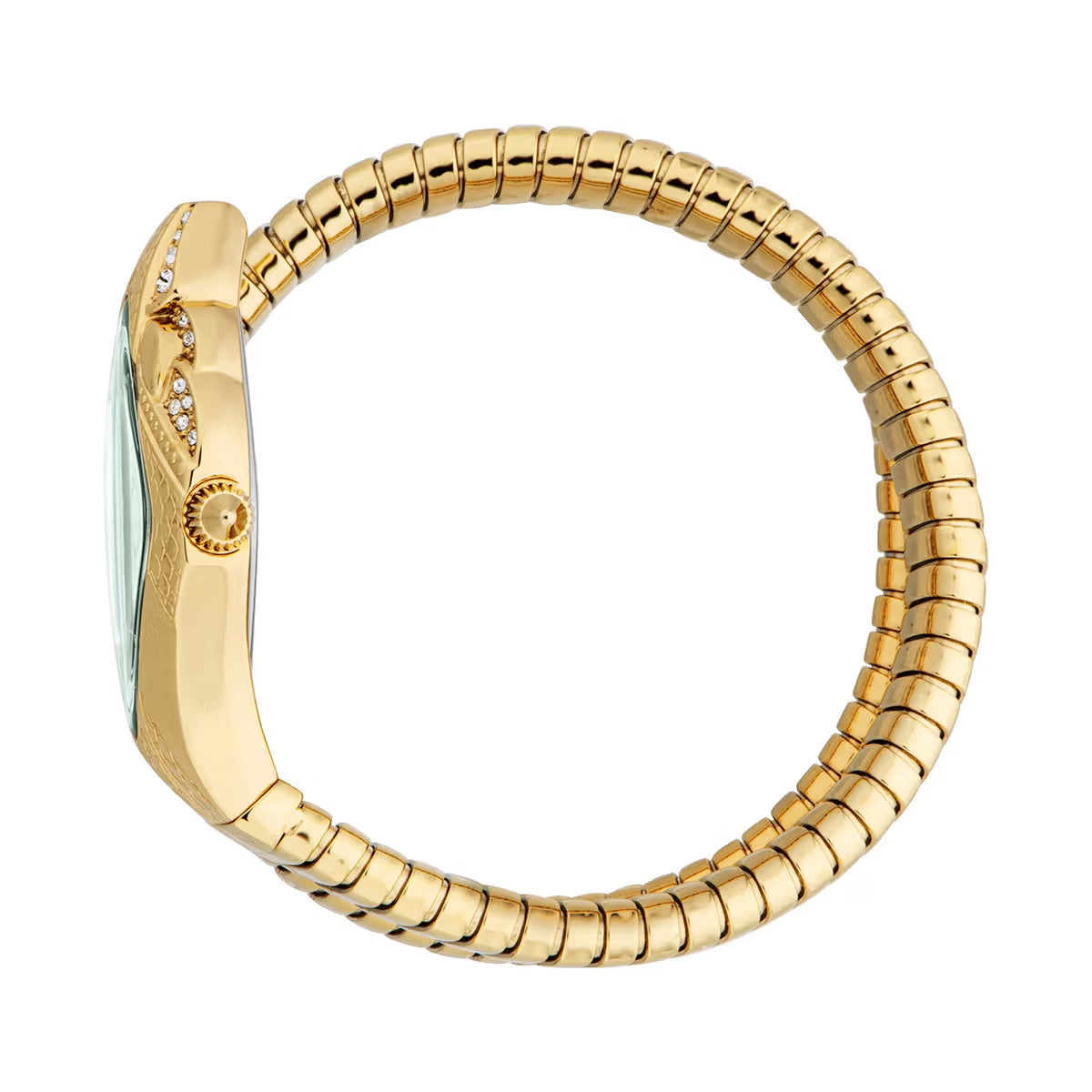 Gold ring with a textured band on a white background