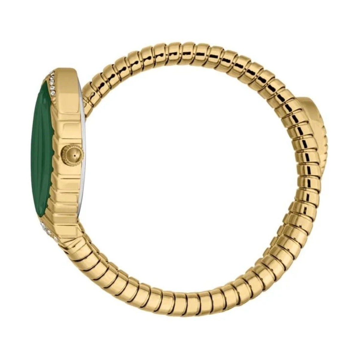 Gold bracelet with a green gemstone on a white background