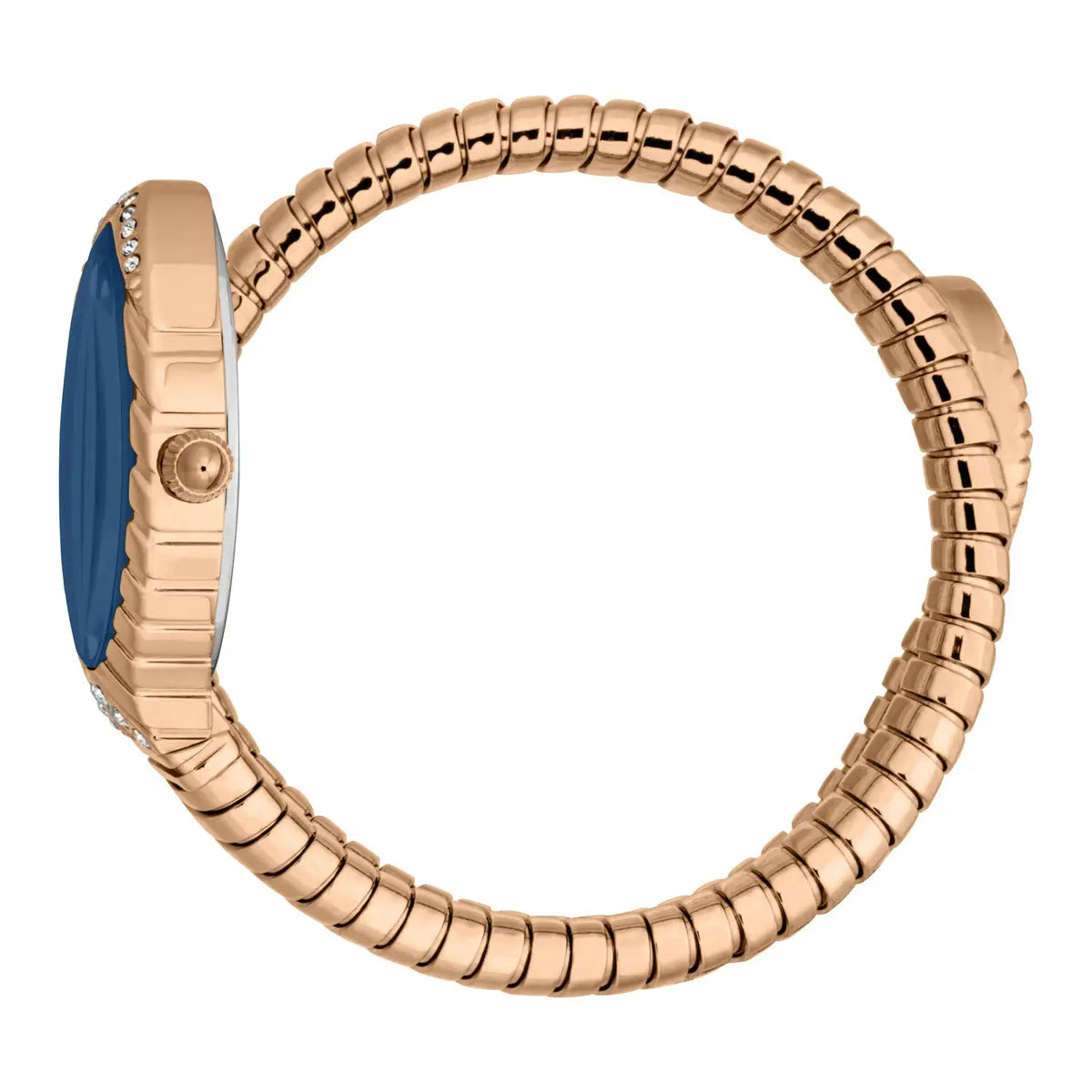 Rose gold watch with blue face on a white background