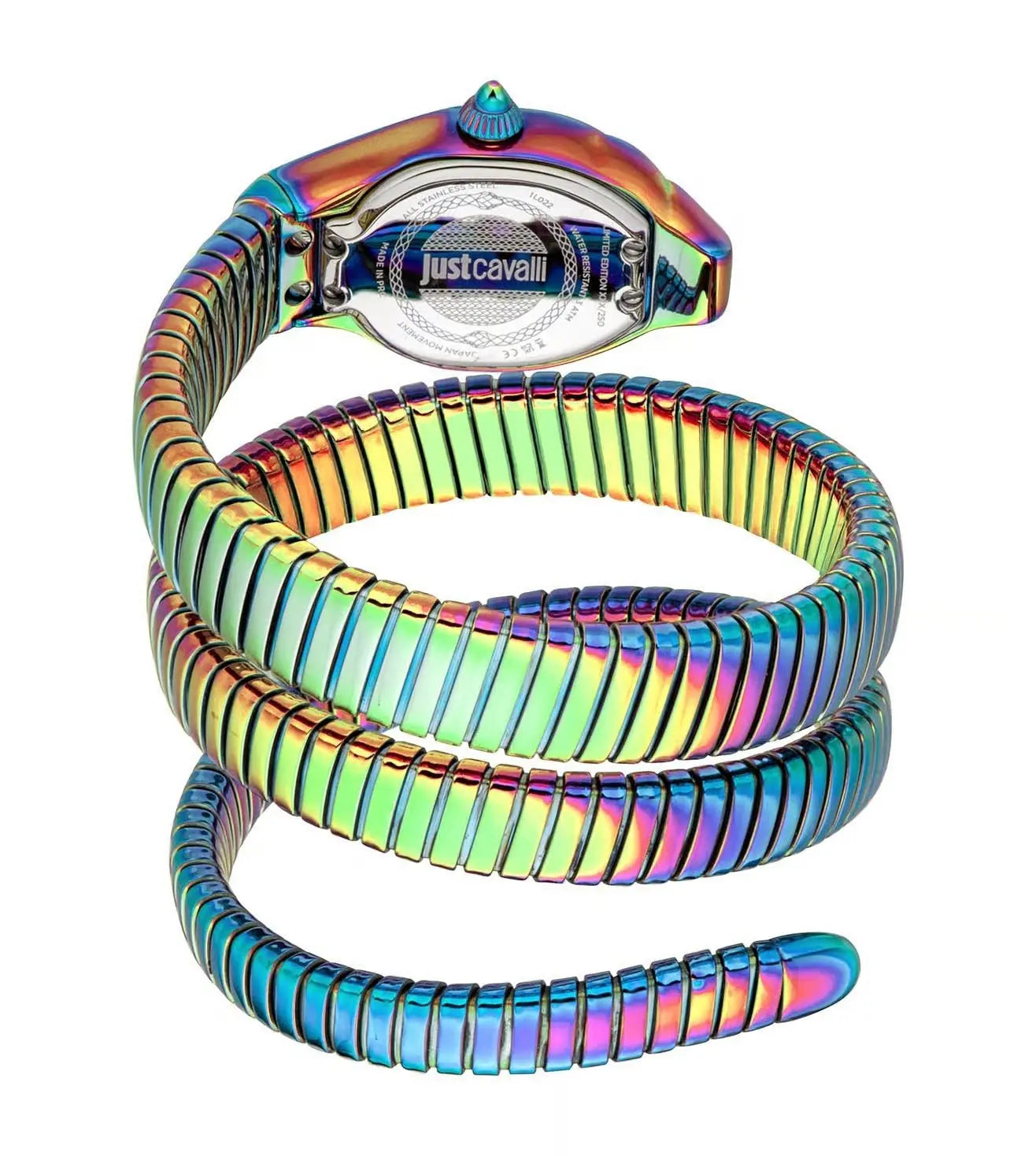 Multicolored snake-shaped watch with Just Cavalli branding on a white background