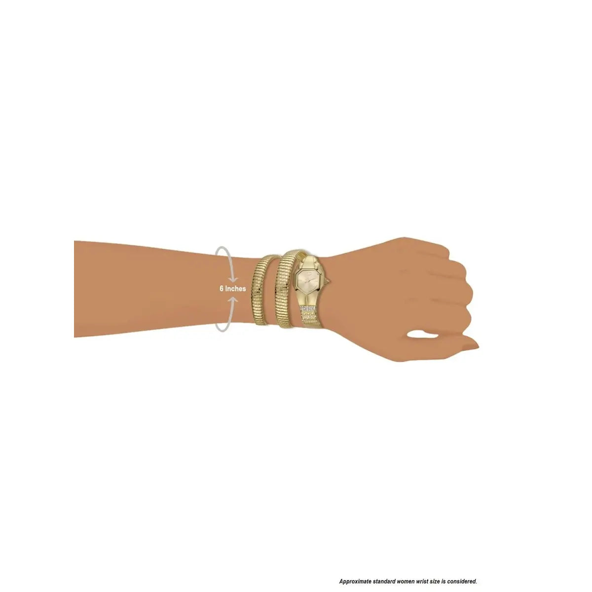 Hand wearing gold bracelets and a watch on a white background