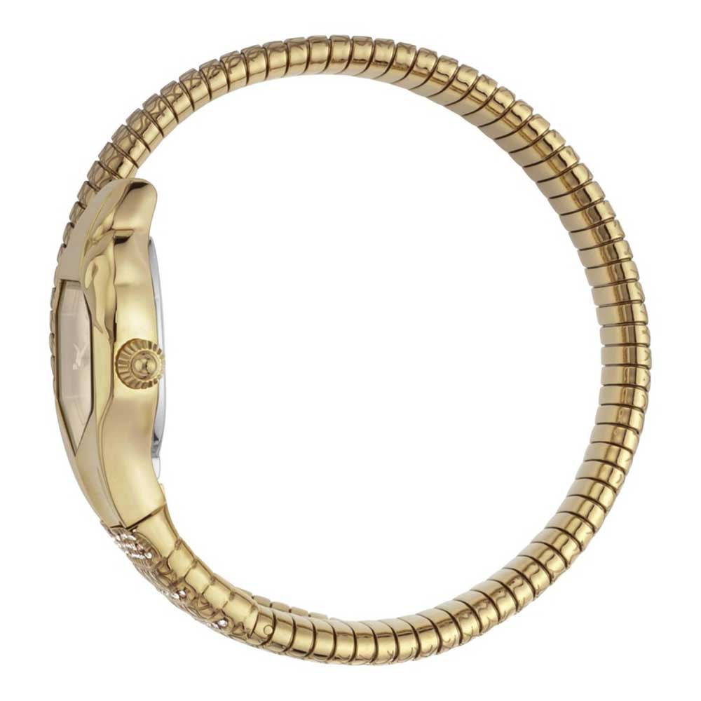 Gold watch with a textured band on a white background