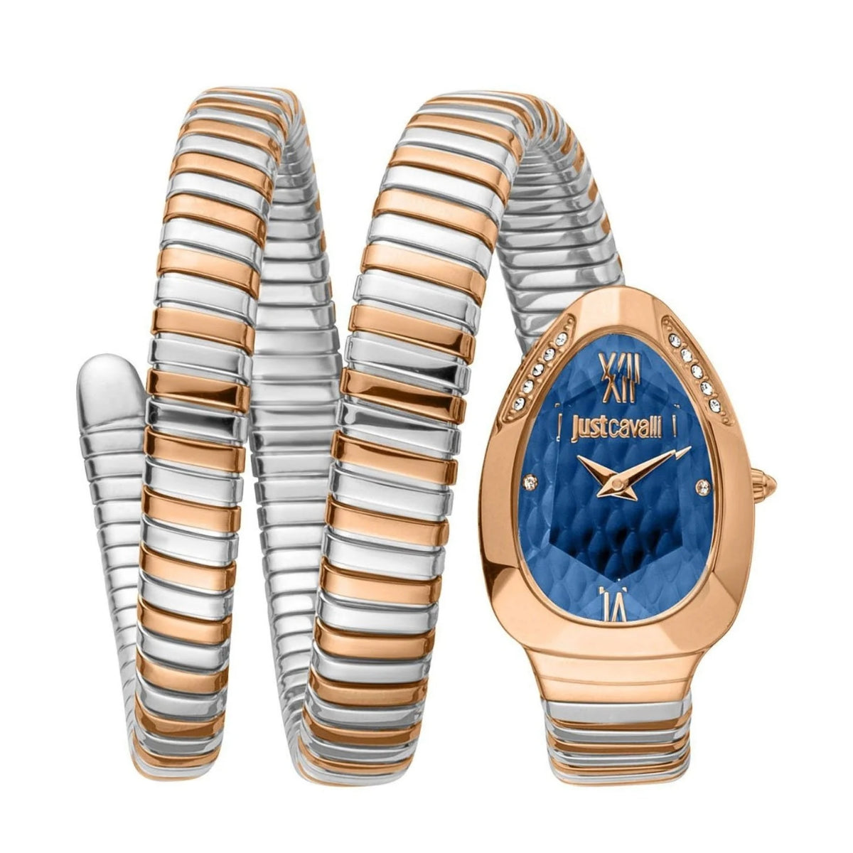 Two-tone watch and bracelet set with Just Cavalli branding on a white background